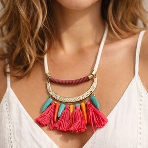 Boho Tassel Statement Necklace - Pink & Green